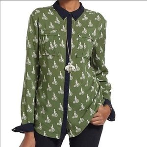 Anthro Maeve Green Bicycle Pattern Button Down Shirt